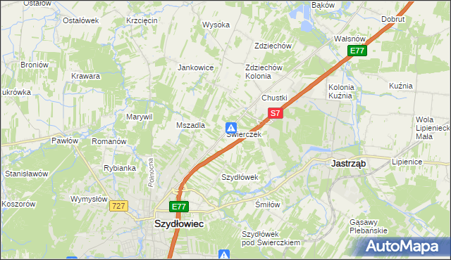 mapa Świerczek gmina Szydłowiec, Świerczek gmina Szydłowiec na mapie Targeo