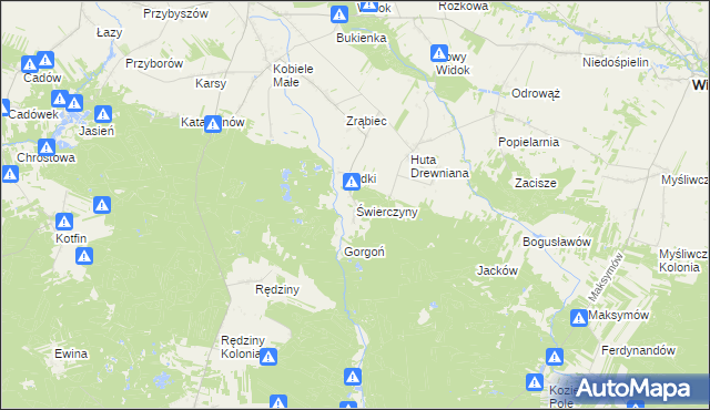 mapa Świerczyny gmina Kobiele Wielkie, Świerczyny gmina Kobiele Wielkie na mapie Targeo