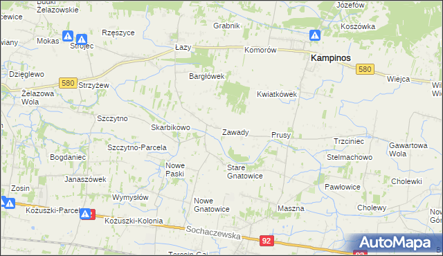 mapa Zawady gmina Kampinos, Zawady gmina Kampinos na mapie Targeo