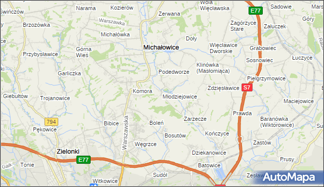 mapa Młodziejowice gmina Michałowice, Młodziejowice gmina Michałowice na mapie Targeo