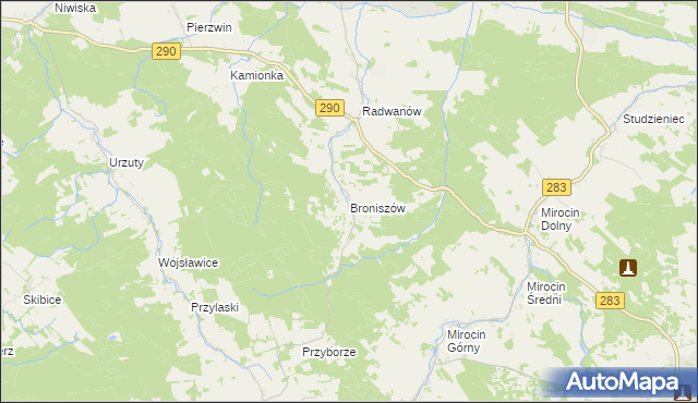 mapa Broniszów gmina Kożuchów, Broniszów gmina Kożuchów na mapie Targeo