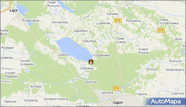 mapa Koszelówka gmina Łąck, Koszelówka gmina Łąck na mapie Targeo