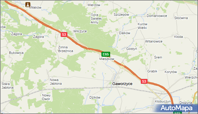 mapa Mieszków gmina Gaworzyce, Mieszków gmina Gaworzyce na mapie Targeo