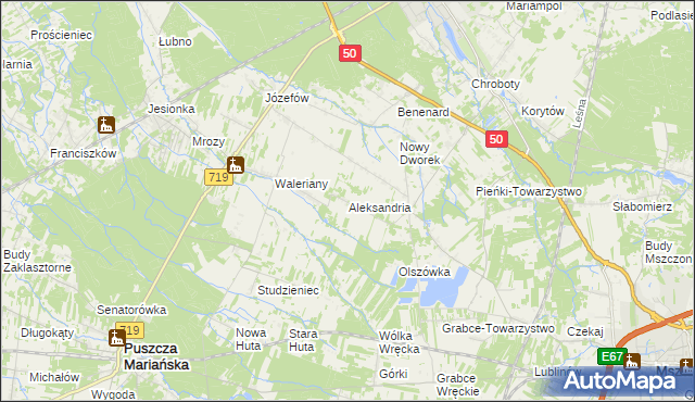 mapa Aleksandria gmina Puszcza Mariańska, Aleksandria gmina Puszcza Mariańska na mapie Targeo