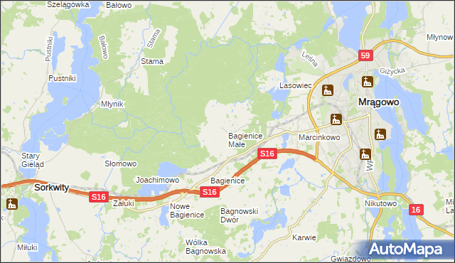 mapa Bagienice Małe gmina Mrągowo, Bagienice Małe gmina Mrągowo na mapie Targeo