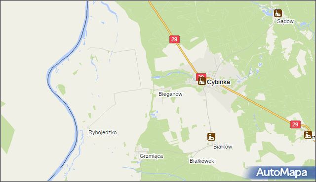 mapa Bieganów gmina Cybinka, Bieganów gmina Cybinka na mapie Targeo