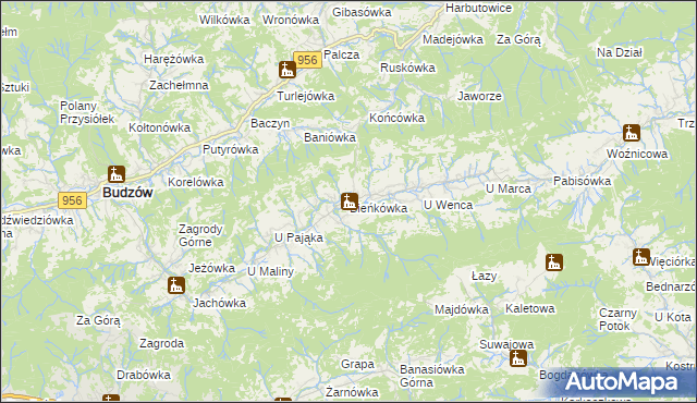 mapa Bieńkówka gmina Budzów, Bieńkówka gmina Budzów na mapie Targeo