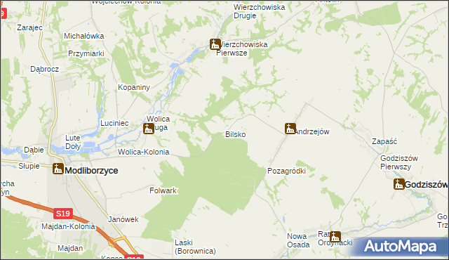 mapa Bilsko gmina Modliborzyce, Bilsko gmina Modliborzyce na mapie Targeo