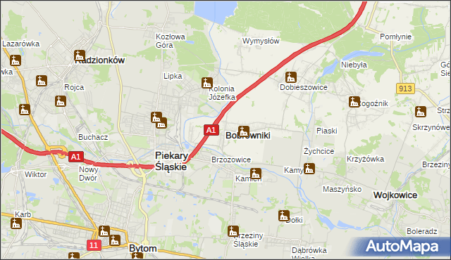 mapa Bobrowniki powiat będziński, Bobrowniki powiat będziński na mapie Targeo