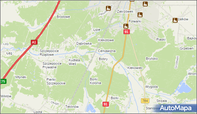 mapa Bobry gmina Radomsko, Bobry gmina Radomsko na mapie Targeo