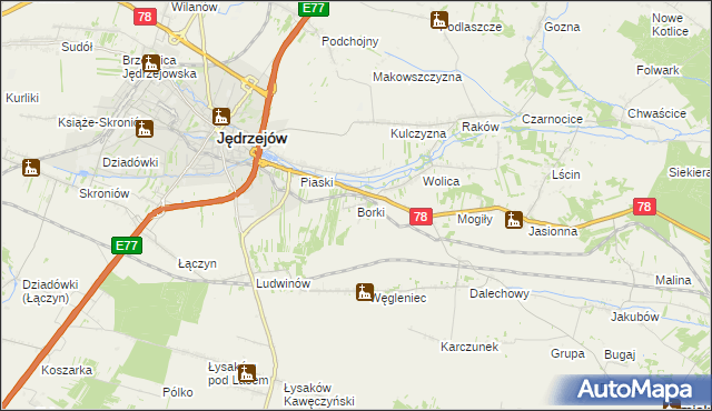 mapa Borki gmina Jędrzejów, Borki gmina Jędrzejów na mapie Targeo