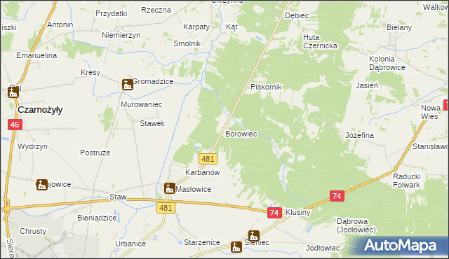 mapa Borowiec gmina Wieluń, Borowiec gmina Wieluń na mapie Targeo