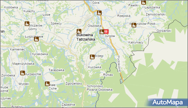 mapa Brzegi gmina Bukowina Tatrzańska, Brzegi gmina Bukowina Tatrzańska na mapie Targeo