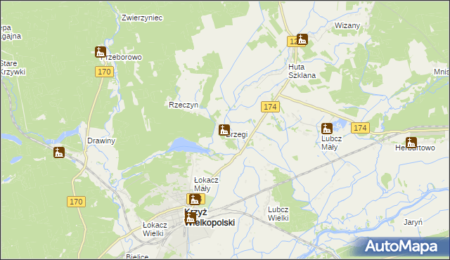 mapa Brzegi gmina Krzyż Wielkopolski, Brzegi gmina Krzyż Wielkopolski na mapie Targeo