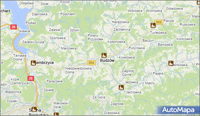mapa Budzów powiat suski, Budzów powiat suski na mapie Targeo