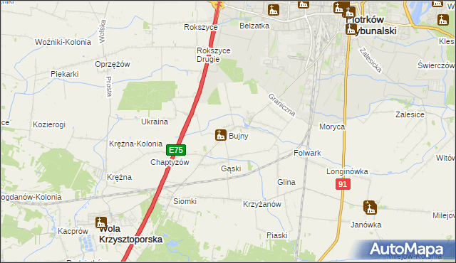mapa Bujny gmina Wola Krzysztoporska, Bujny gmina Wola Krzysztoporska na mapie Targeo