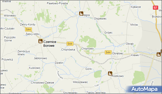 mapa Chojnowo gmina Czernice Borowe, Chojnowo gmina Czernice Borowe na mapie Targeo