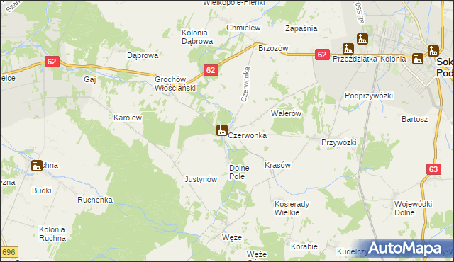 mapa Czerwonka gmina Sokołów Podlaski, Czerwonka gmina Sokołów Podlaski na mapie Targeo