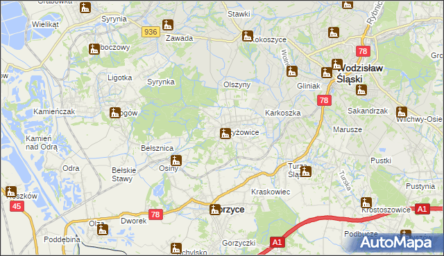 mapa Czyżowice gmina Gorzyce, Czyżowice gmina Gorzyce na mapie Targeo