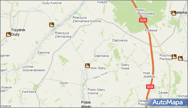 mapa Dąbrówka gmina Potok Wielki, Dąbrówka gmina Potok Wielki na mapie Targeo