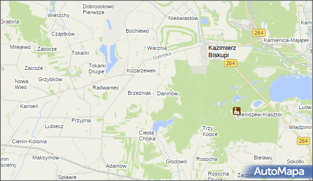 mapa Daninów gmina Kazimierz Biskupi, Daninów gmina Kazimierz Biskupi na mapie Targeo