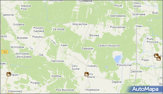 mapa Dawidów gmina Przedbórz, Dawidów gmina Przedbórz na mapie Targeo
