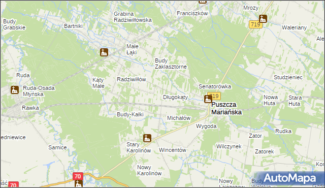 mapa Długokąty gmina Puszcza Mariańska, Długokąty gmina Puszcza Mariańska na mapie Targeo