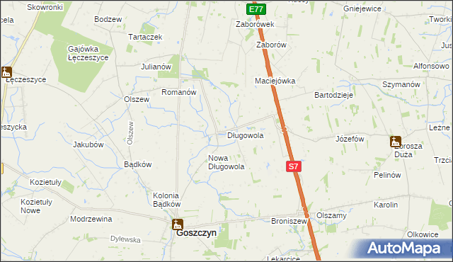 mapa Długowola gmina Goszczyn, Długowola gmina Goszczyn na mapie Targeo