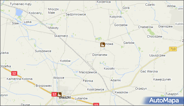 mapa Domaniew gmina Błaszki, Domaniew gmina Błaszki na mapie Targeo