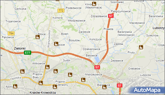 mapa Dziekanowice gmina Zielonki, Dziekanowice gmina Zielonki na mapie Targeo
