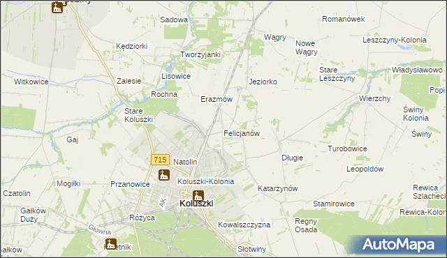 mapa Felicjanów gmina Koluszki, Felicjanów gmina Koluszki na mapie Targeo