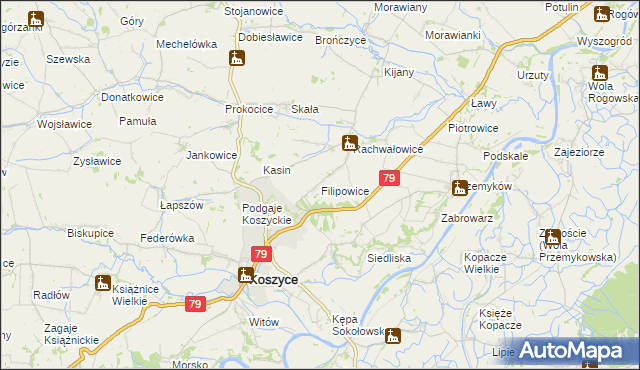 mapa Filipowice gmina Koszyce, Filipowice gmina Koszyce na mapie Targeo