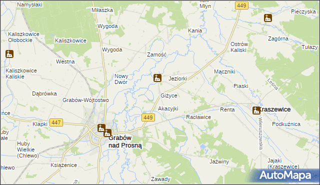 mapa Giżyce gmina Grabów nad Prosną, Giżyce gmina Grabów nad Prosną na mapie Targeo