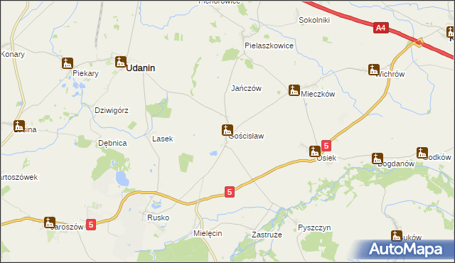 mapa Gościsław gmina Udanin, Gościsław gmina Udanin na mapie Targeo