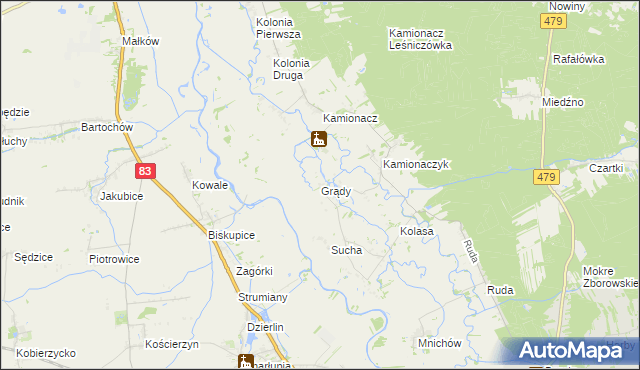 mapa Grądy gmina Sieradz, Grądy gmina Sieradz na mapie Targeo