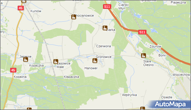 mapa Gronowice gmina Lasowice Wielkie, Gronowice gmina Lasowice Wielkie na mapie Targeo