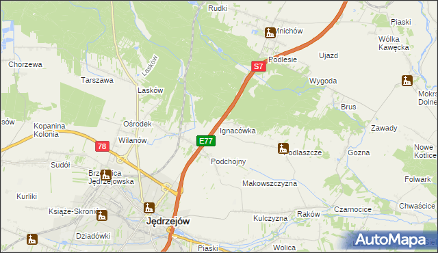 mapa Ignacówka gmina Jędrzejów, Ignacówka gmina Jędrzejów na mapie Targeo