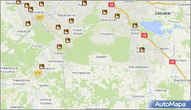 mapa Izabelin gmina Juchnowiec Kościelny, Izabelin gmina Juchnowiec Kościelny na mapie Targeo