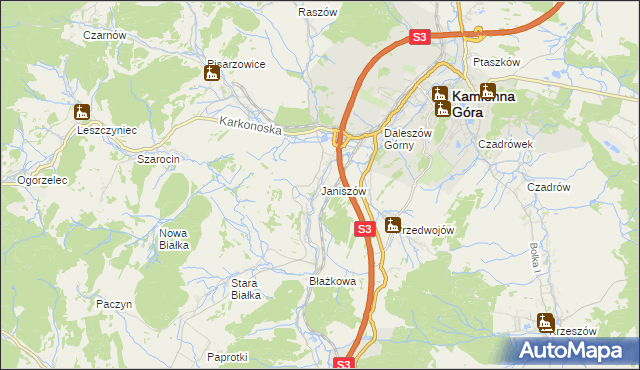 mapa Janiszów gmina Kamienna Góra, Janiszów gmina Kamienna Góra na mapie Targeo