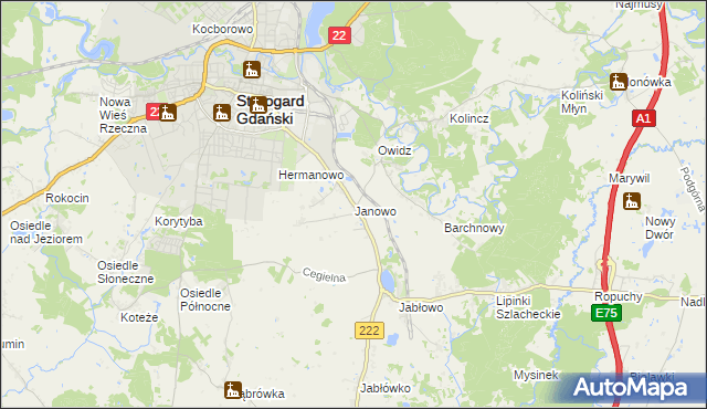 mapa Janowo gmina Starogard Gdański, Janowo gmina Starogard Gdański na mapie Targeo
