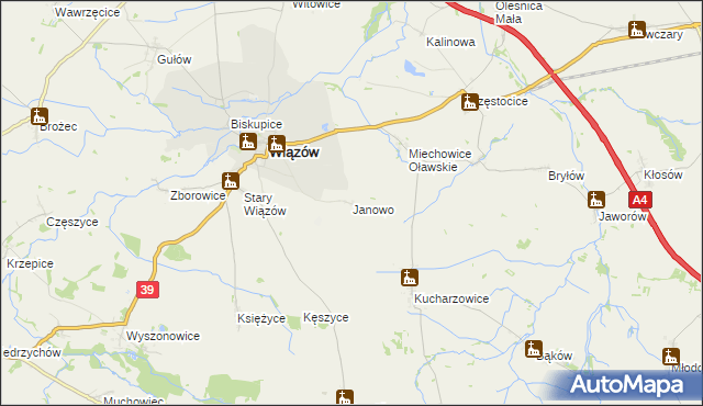 mapa Janowo gmina Wiązów, Janowo gmina Wiązów na mapie Targeo