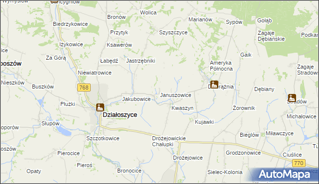 mapa Januszowice gmina Działoszyce, Januszowice gmina Działoszyce na mapie Targeo