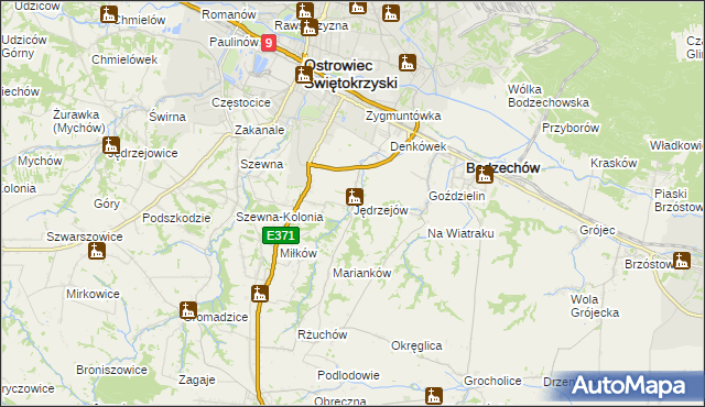 mapa Jędrzejów gmina Bodzechów, Jędrzejów gmina Bodzechów na mapie Targeo