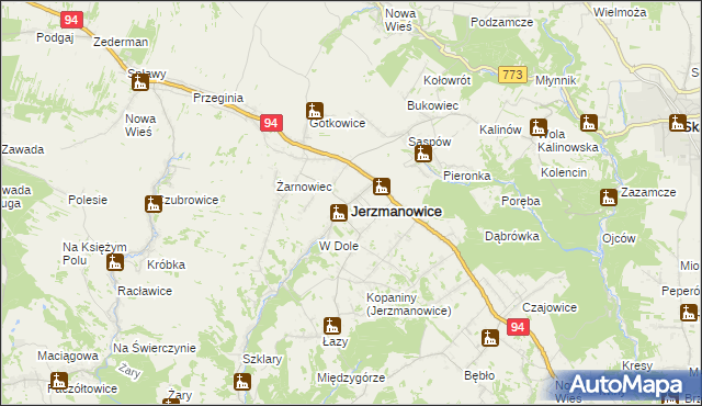 mapa Jerzmanowice gmina Jerzmanowice-Przeginia, Jerzmanowice gmina Jerzmanowice-Przeginia na mapie Targeo
