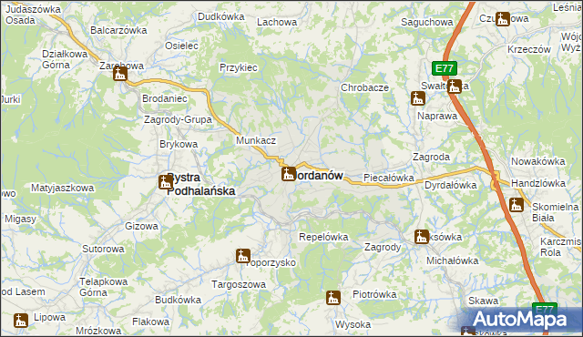 mapa Jordanów powiat suski, Jordanów powiat suski na mapie Targeo