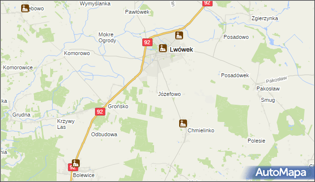 mapa Józefowo gmina Lwówek, Józefowo gmina Lwówek na mapie Targeo