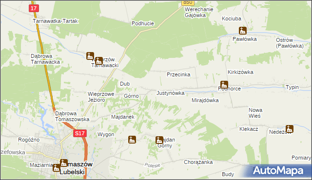 mapa Justynówka gmina Tomaszów Lubelski, Justynówka gmina Tomaszów Lubelski na mapie Targeo