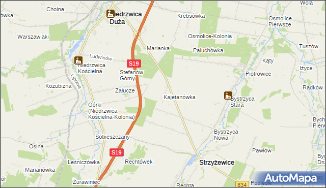 mapa Kajetanówka gmina Strzyżewice, Kajetanówka gmina Strzyżewice na mapie Targeo