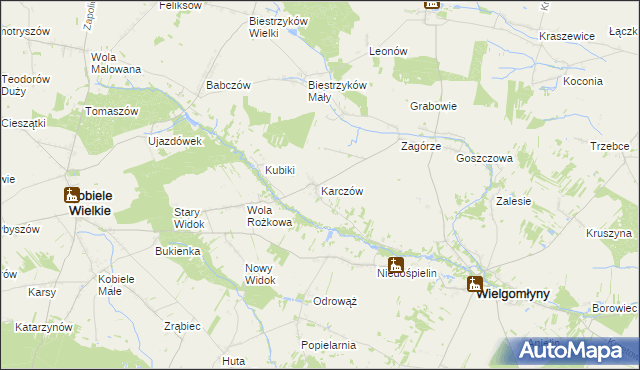 mapa Karczów gmina Wielgomłyny, Karczów gmina Wielgomłyny na mapie Targeo