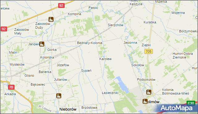 mapa Karolew gmina Nieborów, Karolew gmina Nieborów na mapie Targeo